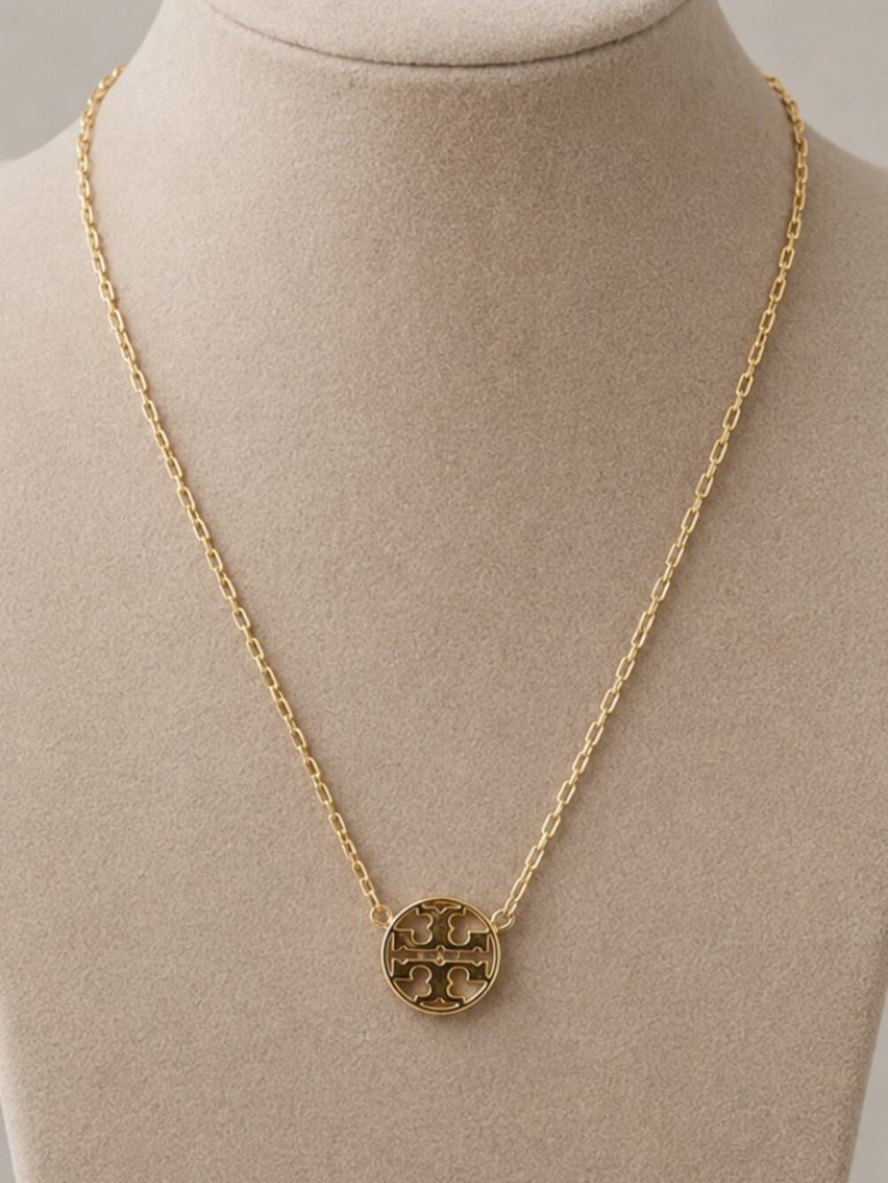 Tory Burch Polished Gold Double-T Round Pendant Necklace